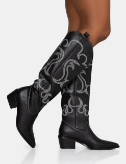 Public Desire Cooper Pu Western Embroidered Knee High Cowboy Boot Black Clearance