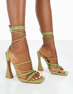 Public Desire Corrbin Croc Patent Pu Strappy Lace Up Flared Heels Green Shop