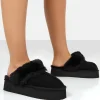 Public Desire Cosy Faux Suede Platform Slider Slipper Black Sale