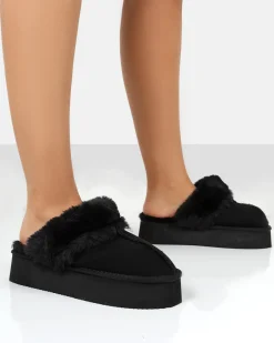 Public Desire Cosy Faux Suede Platform Slider Slipper Black Sale