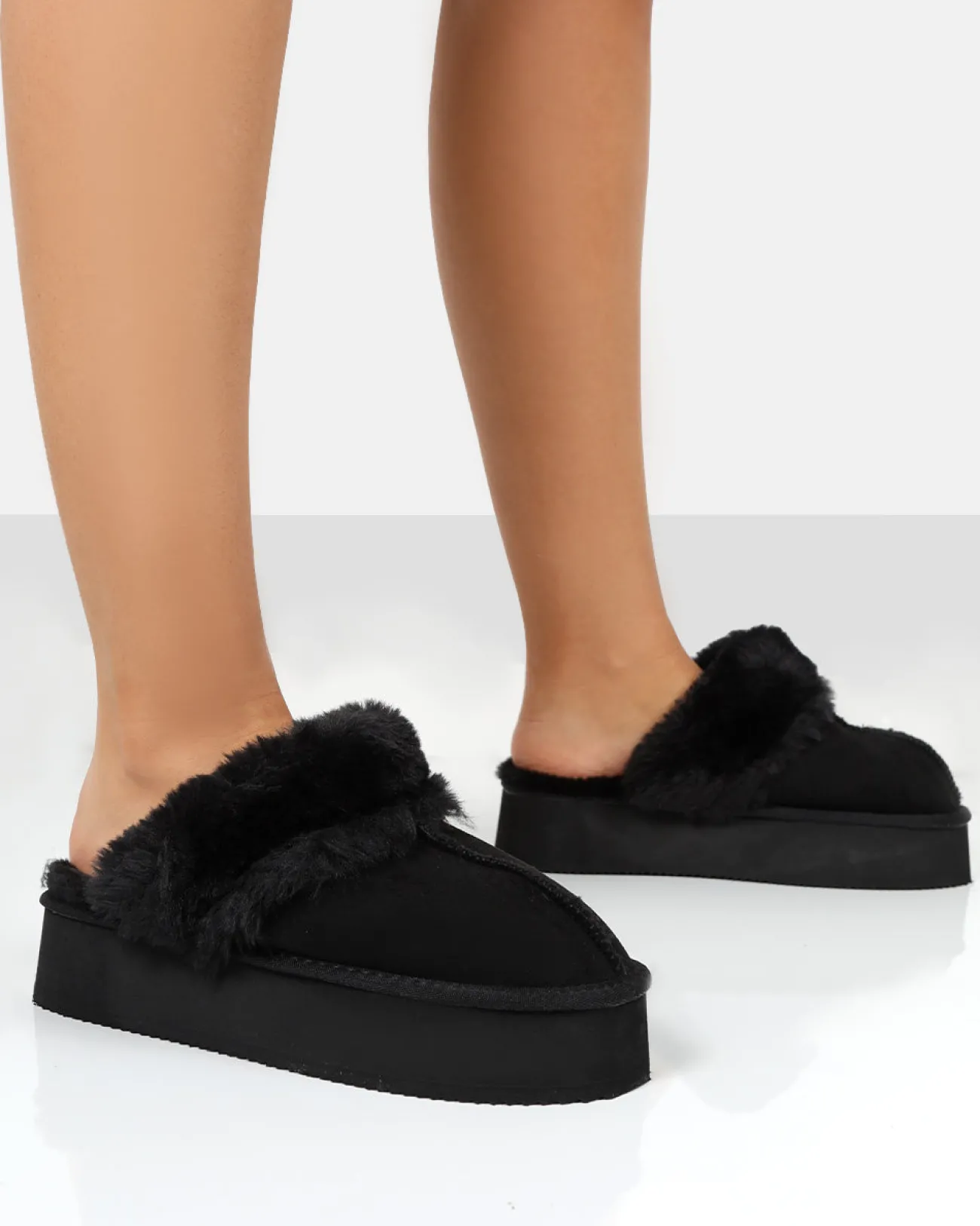 Public Desire Cosy Faux Suede Platform Slider Slipper Black Sale