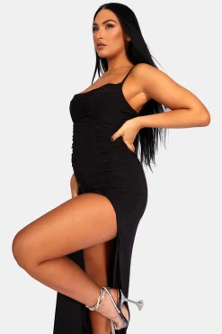 Public Desire Cowl Neck Extreme Split Slinky Maxi Dress Black Cheap