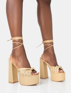Public Desire Crete Raffia Diamante Twist Strap Lace Up Platform Block Heels Best