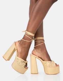 Public Desire Crete Raffia Diamante Twist Strap Lace Up Platform Block Heels Best