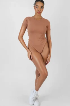 Public Desire Crew Neck Cap Sleeve Tshirt Bodysuit Camel Outlet