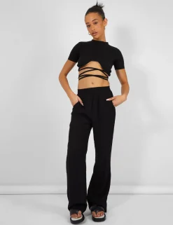 Public Desire Crinkle Elasticated Waist Wide Leg Trousers Black Cheap