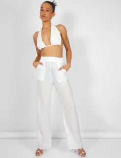 Public Desire Crinkle Elasticated Waist Wide Leg Trousers White Discount