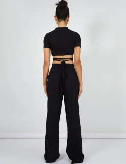 Public Desire Crinkle Elasticated Waist Wide Leg Trousers Black Cheap
