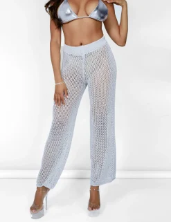 Public Desire Crochet Beach Trousers High Waisted Wide Leg Metallic Thread Light Grey Silver Fashion