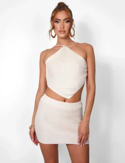 Public Desire Crochet Halter Neck Backless Top Beige Online