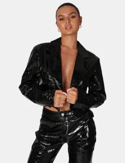 Public Desire Cropped Croc Vinyl Blazer Black Best
