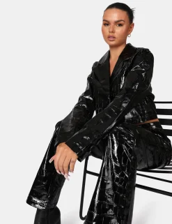 Public Desire Cropped Croc Vinyl Blazer Black Best