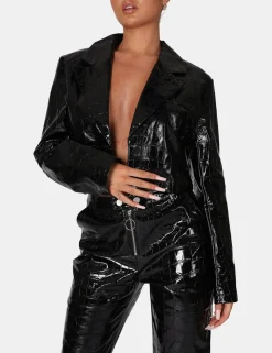 Public Desire Cropped Croc Vinyl Blazer Black Best