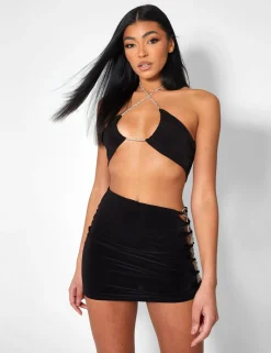 Public Desire Cross Front Diamante Rope Crop Top Black Outlet