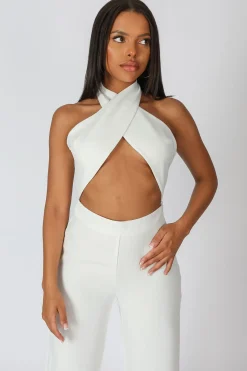 Public Desire Cross Front Halter Wide Leg Jumpsuit White Flash Sale