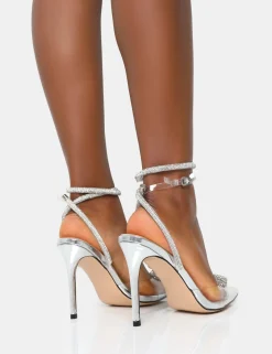 Public Desire Cupid Mirror Clear Perspex Heart Wrap Around Pointed Toe Stiletto Heels Silver Fashion