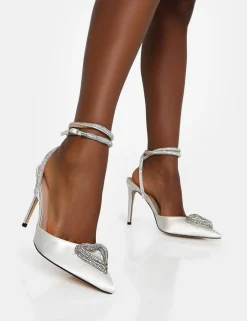 Public Desire Cupid Off White Satin Diamante Heart Wrap Around Pointed Toe Stiletto Heels Champagne Fashion