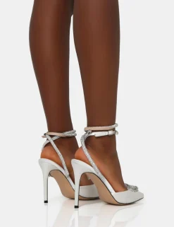 Public Desire Cupid Off White Satin Diamante Heart Wrap Around Pointed Toe Stiletto Heels Champagne Fashion