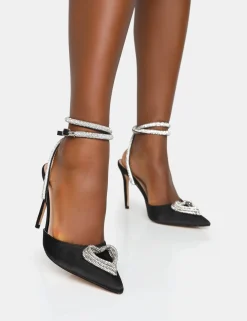 Public Desire Cupid Satin Diamante Heart Wrap Around Pointed Toe Stiletto Heels Black Flash Sale