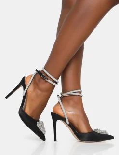 Public Desire Cupid Satin Diamante Heart Wrap Around Pointed Toe Stiletto Heels Black Flash Sale