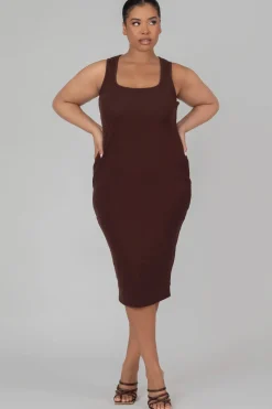 Public Desire Curve Bodycon Scoop Neck Midi Dress Chocolate Brown Flash Sale