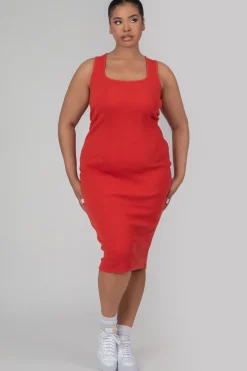 Public Desire Curve Bodycon Scoop Neck Midi Dress Red Clearance
