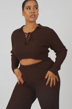 Public Desire Curve Lace Up Ribbed Knitted Crop Top Chocolate Flash Sale