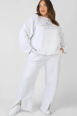 Public Desire Curve Oversized Embroidered Split Front Joggers Oatmeal Marl Best Sale