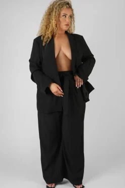 Public Desire Curve Premium Tie Waist Wide Leg Trousers Black Discount