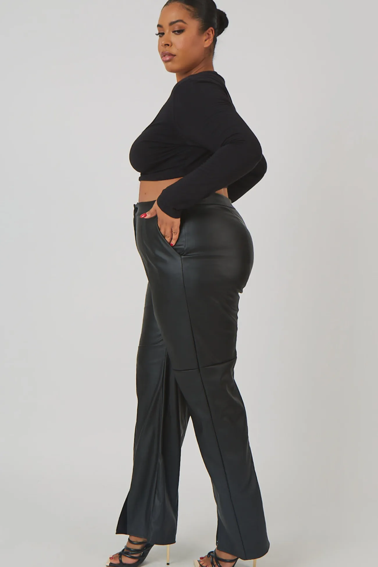Public Desire Curve Pu Seam Front Split Detail Trousers Black Flash Sale