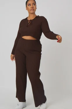 Public Desire Curve Ribbed Knitted Wide Leg Trousers Chocolate Shop