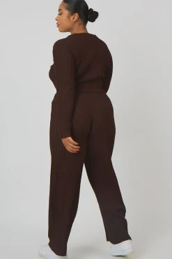Public Desire Curve Ribbed Knitted Wide Leg Trousers Chocolate Shop