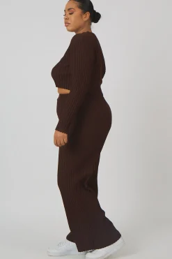 Public Desire Curve Ribbed Knitted Wide Leg Trousers Chocolate Shop
