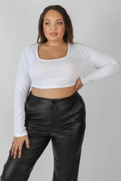 Public Desire Curve Scoop Neck Long Sleeve Crop Top White Discount