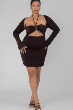 Public Desire Curve Slinky Ruch Bust Cut Out Long Sleeved Dress Chocolate Brown Flash Sale