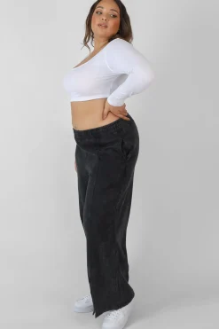 Public Desire Curve Split Front Seam Detail Wide Leg Joggers Acid Wash Black Outlet