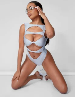 Public Desire Cut Away Knotted Detail Bodysuit Silver Shop
