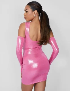 Public Desire Cut Away Knotted Detail Metallic Mini Dress Pink Flash Sale