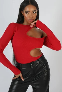 Public Desire Cut Out Detail Ribbed Bodysuit Red Shop