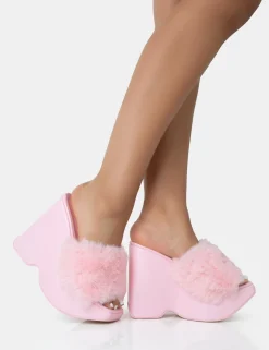 Public Desire Cutie Faux Fur Platform Wedge Heels Pink Shop