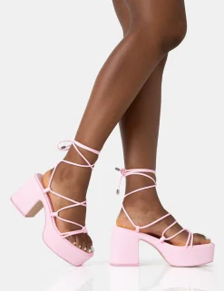 Public Desire Darcy Baby Strappy Lace Up Square Toe Mid Flatform Heels Pink Store