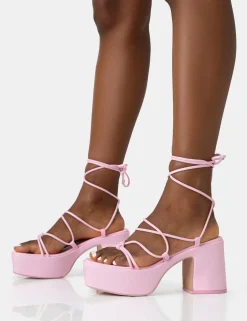 Public Desire Darcy Baby Strappy Lace Up Square Toe Mid Flatform Heels Pink Store