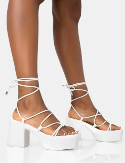 Public Desire Darcy Ecru Pu Strappy Lace Up Square Toe Mid Flatform Heels Pink Cheap