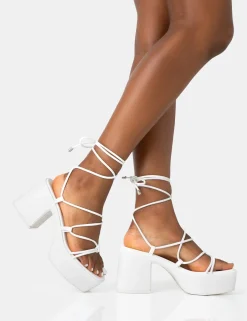 Public Desire Darcy Ecru Pu Strappy Lace Up Square Toe Mid Flatform Heels Pink Cheap