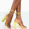 Public Desire Date-Night Wide Fit Croc Lace Up Clear Perspex Square Toe Heels Lime Flash Sale