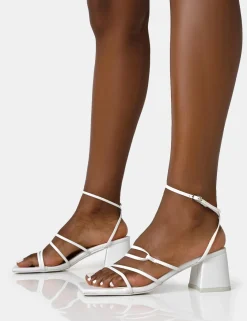 Public Desire Dayla Pu Strappy Square Toe Block Mid Heel Sandals White Store