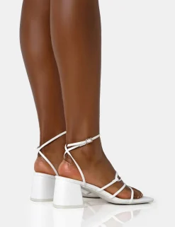 Public Desire Dayla Pu Strappy Square Toe Block Mid Heel Sandals White Store