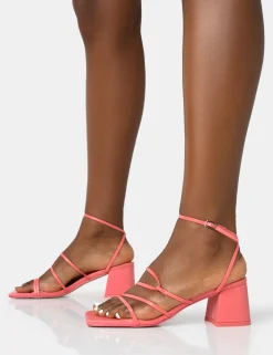 Public Desire Dayla Pu Strappy Square Toe Block Mid Heel Sandals Coral Cheap