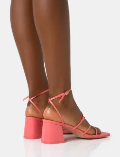Public Desire Dayla Pu Strappy Square Toe Block Mid Heel Sandals Coral Cheap