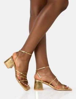 Public Desire Dayla Strappy Square Toe Block Mid Heel Sandals Gold Clearance